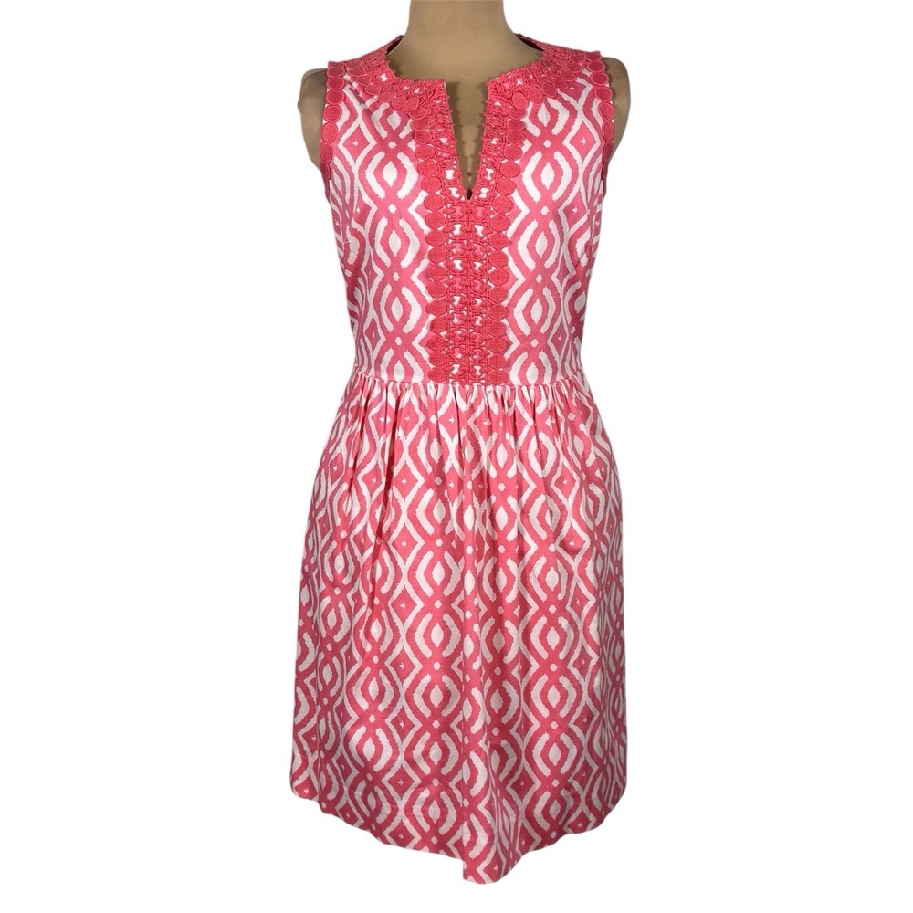 Vineyard Vines Coral Embroidered Eyelet Trim Lattice Geometric Dress Sz 4 READ